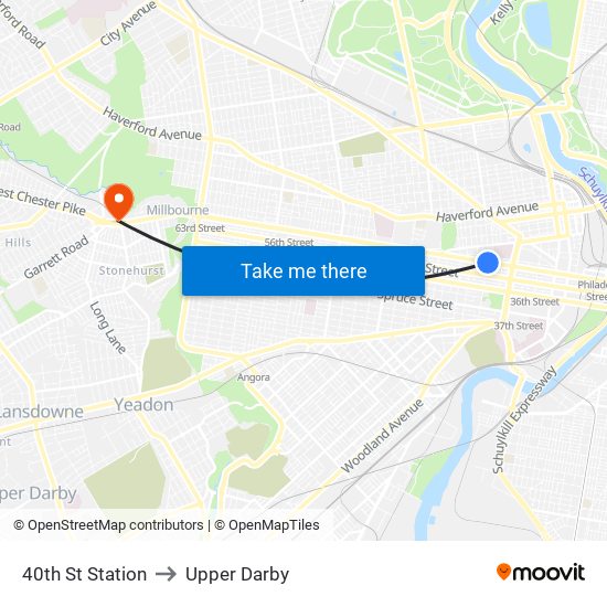 40th St Station to Upper Darby map