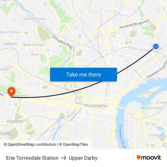 Erie Torresdale Station to Upper Darby map