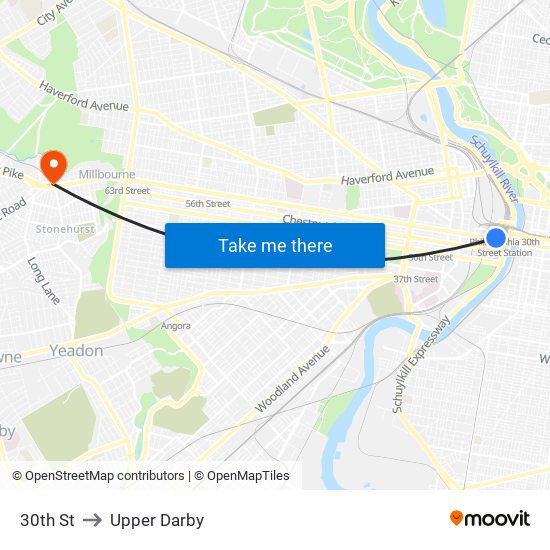 30th St to Upper Darby map