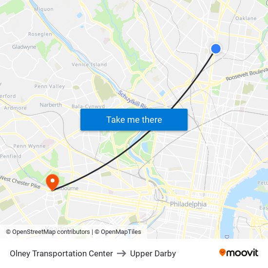 Olney Transportation Center to Upper Darby map