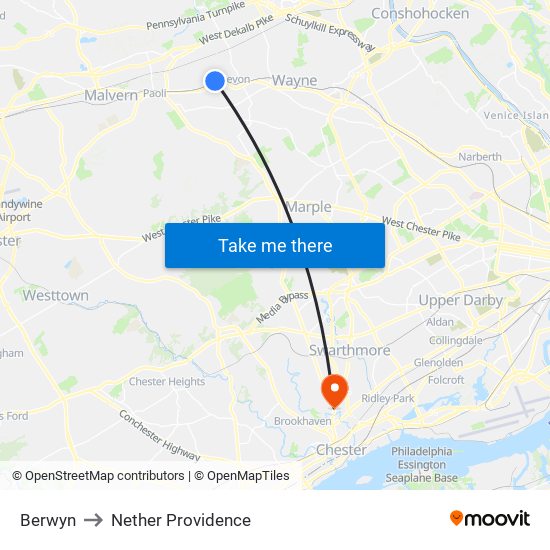 Berwyn to Nether Providence map