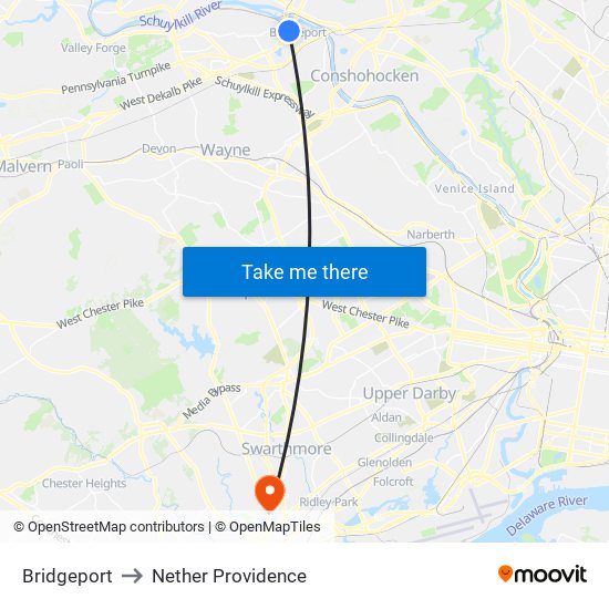 Bridgeport to Nether Providence map