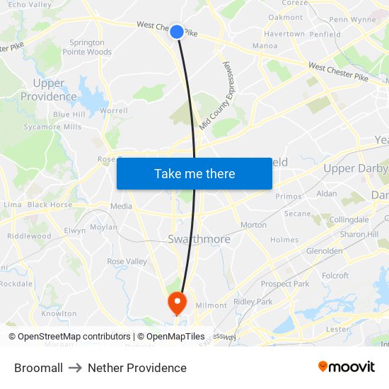 Broomall to Nether Providence map