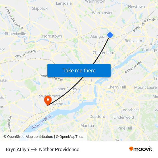 Bryn Athyn to Nether Providence map