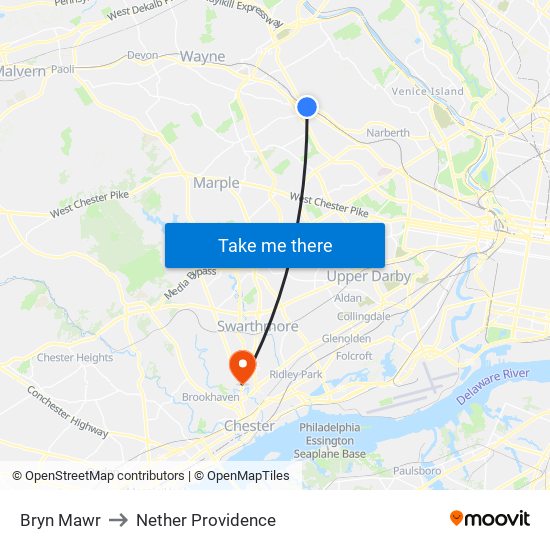 Bryn Mawr to Nether Providence map