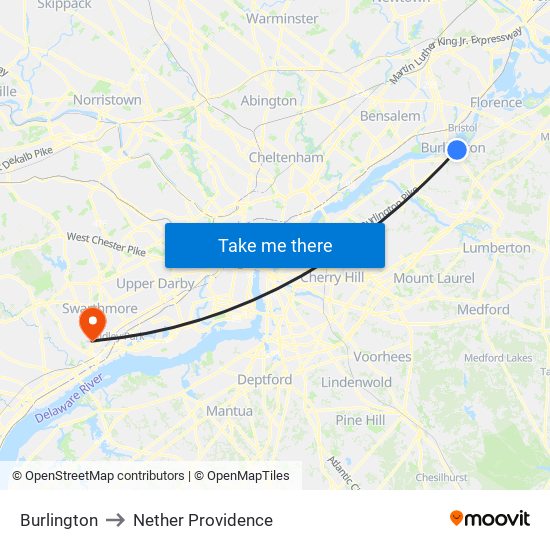 Burlington to Nether Providence map