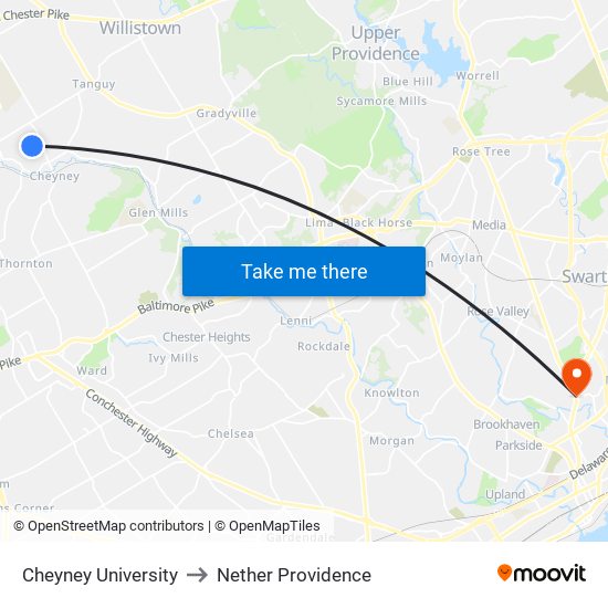 Cheyney University to Nether Providence map