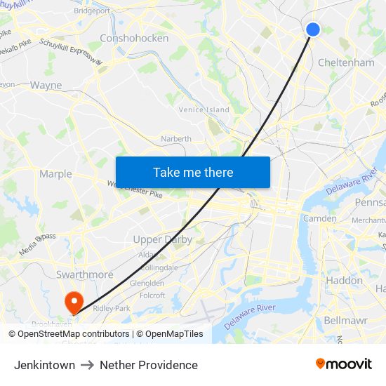 Jenkintown to Nether Providence map