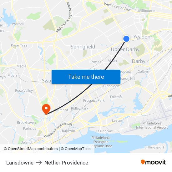 Lansdowne to Nether Providence map