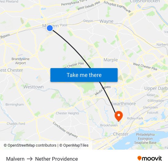Malvern to Nether Providence map
