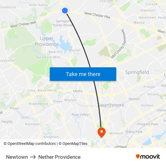 Newtown to Nether Providence map