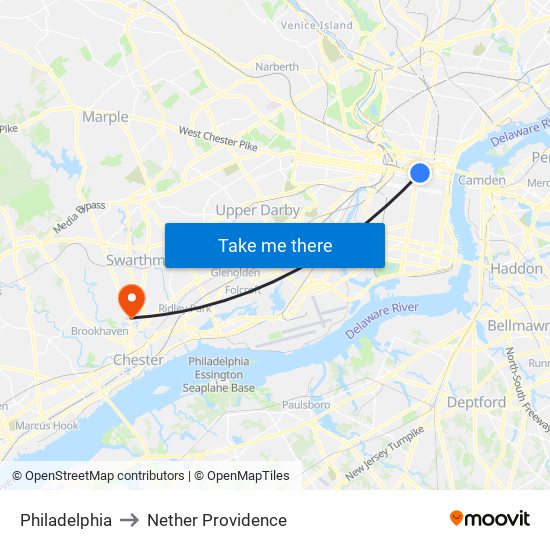 Philadelphia to Nether Providence map