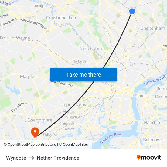 Wyncote to Nether Providence map