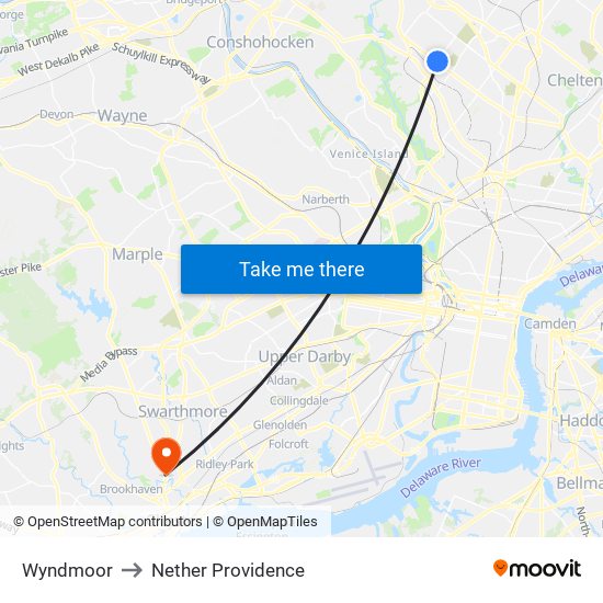 Wyndmoor to Nether Providence map