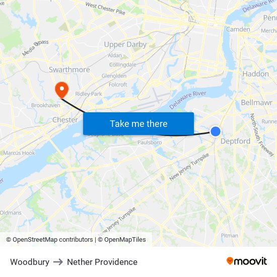 Woodbury to Nether Providence map