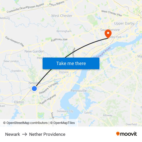 Newark to Nether Providence map