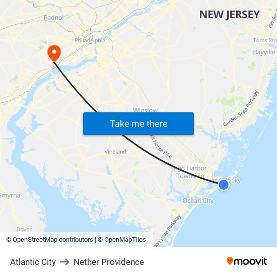 Atlantic City to Nether Providence map