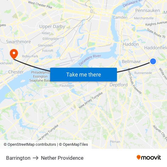 Barrington to Nether Providence map