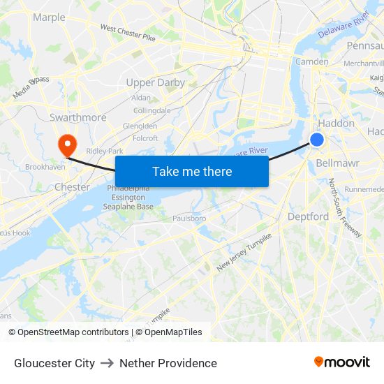 Gloucester City to Nether Providence map