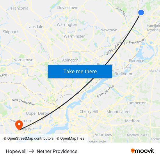Hopewell to Nether Providence map