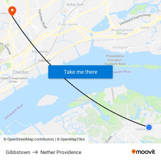 Gibbstown to Nether Providence map
