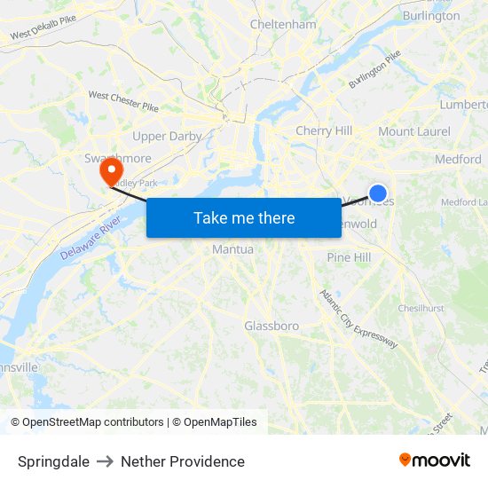 Springdale to Nether Providence map