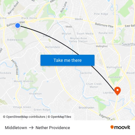 Middletown to Nether Providence map