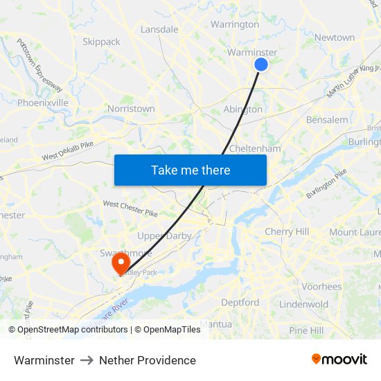 Warminster to Nether Providence map