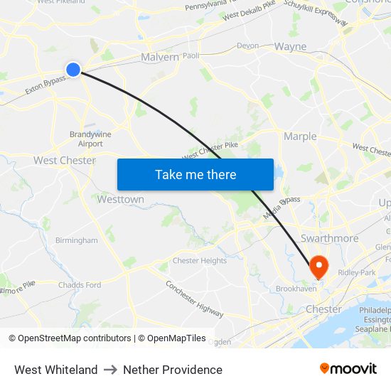 West Whiteland to Nether Providence map