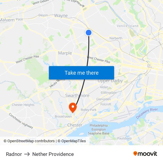 Radnor to Nether Providence map