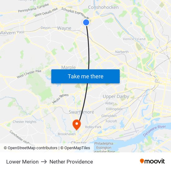 Lower Merion to Nether Providence map