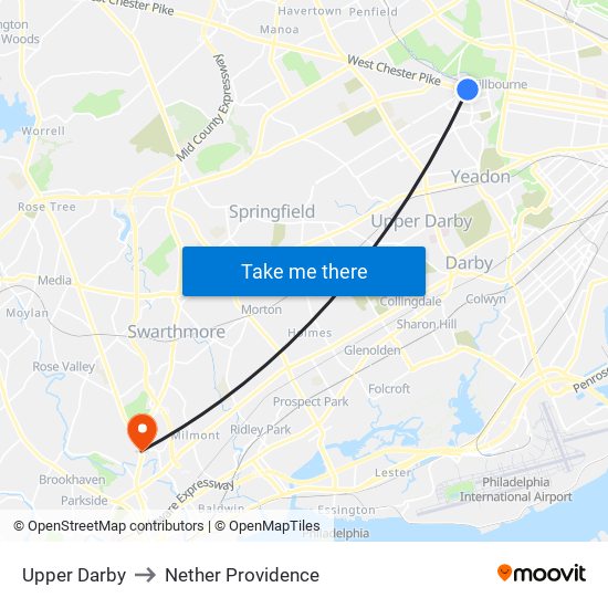 Upper Darby to Nether Providence map