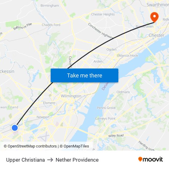 Upper Christiana to Nether Providence map
