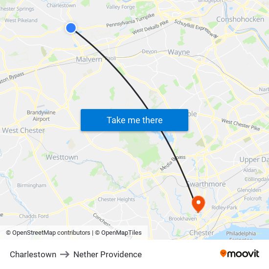 Charlestown to Nether Providence map