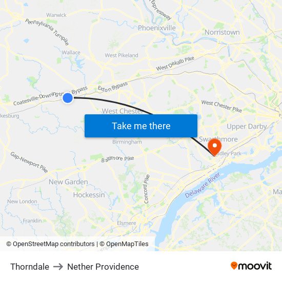 Thorndale to Nether Providence map