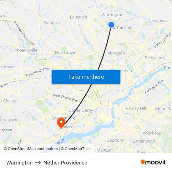 Warrington to Nether Providence map