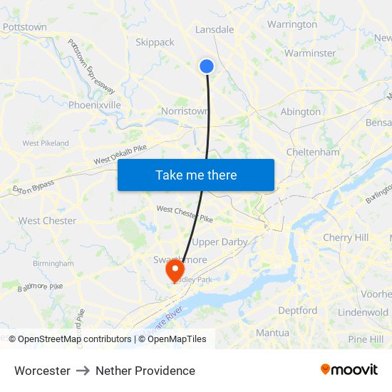 Worcester to Nether Providence map