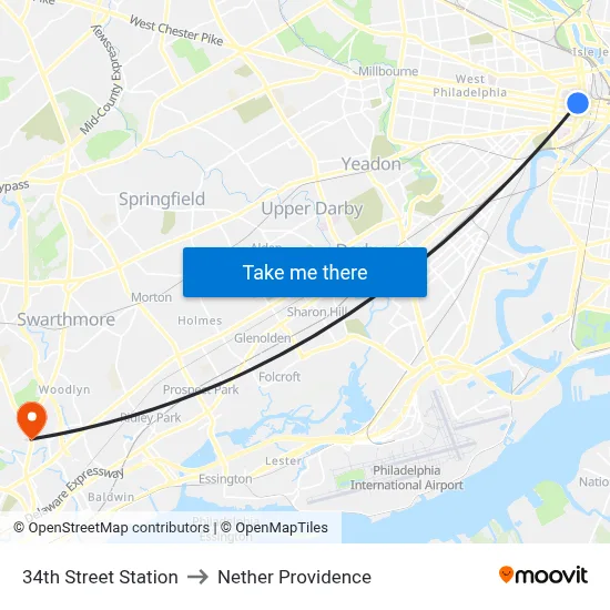 34th Street Station to Nether Providence map