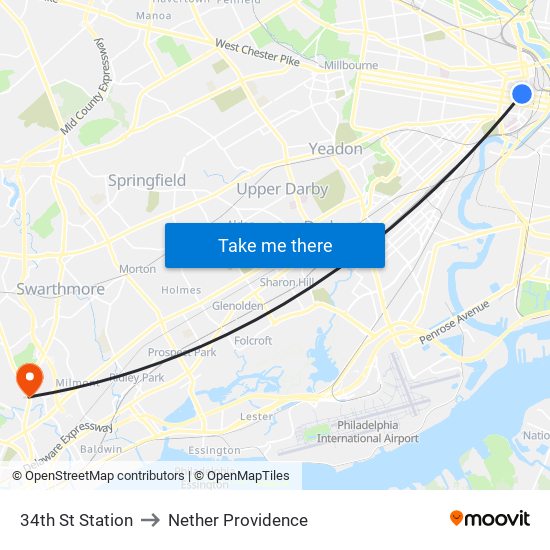 34th St Station to Nether Providence map