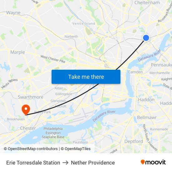Erie Torresdale Station to Nether Providence map