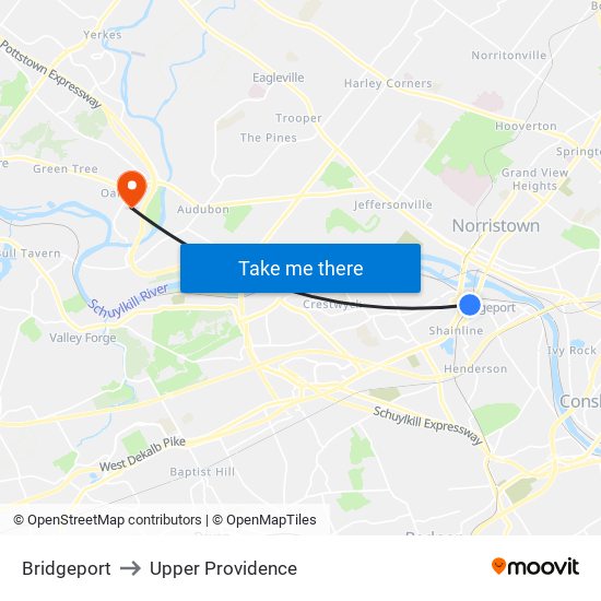 Bridgeport to Upper Providence map