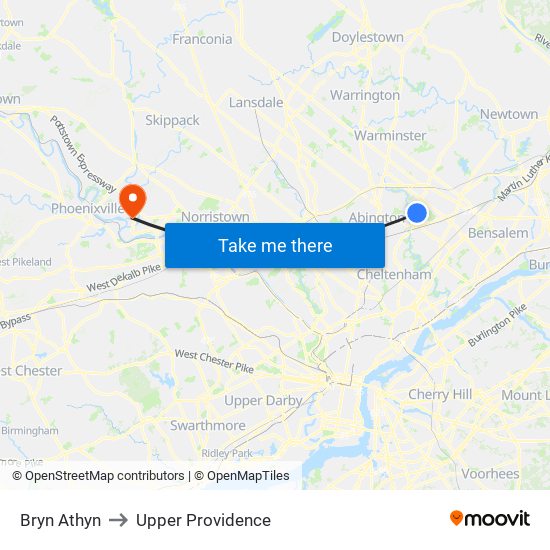 Bryn Athyn to Upper Providence map