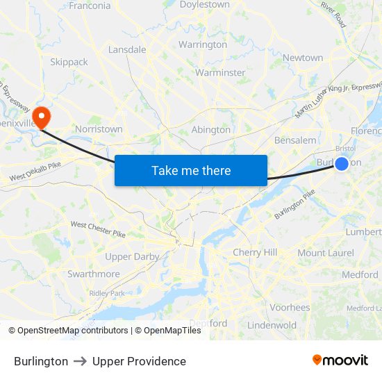 Burlington to Upper Providence map