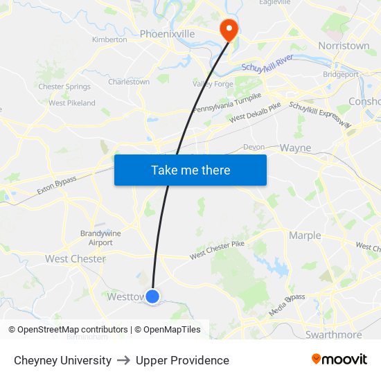 Cheyney University to Upper Providence map