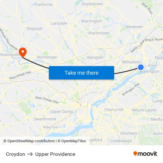Croydon to Upper Providence map