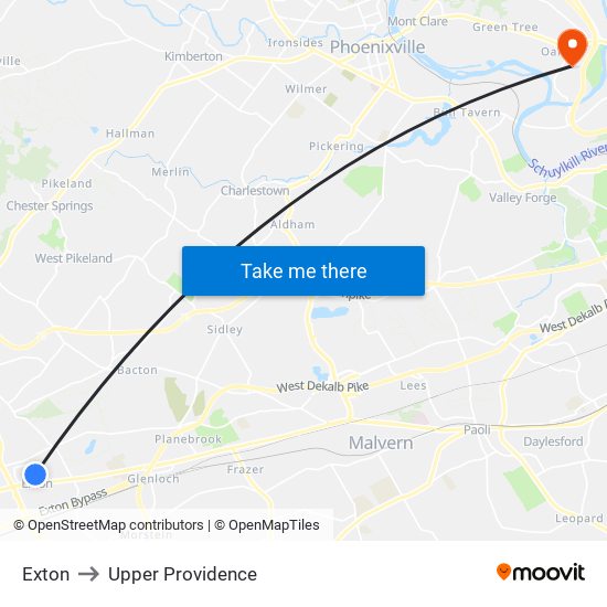 Exton to Upper Providence map