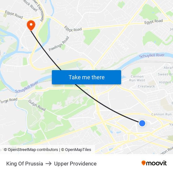 King Of Prussia to Upper Providence map