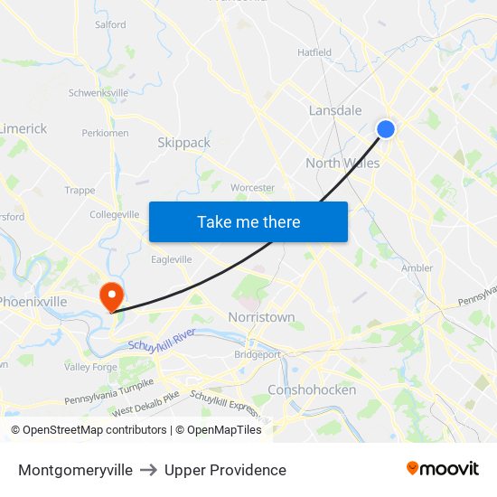 Montgomeryville to Upper Providence map