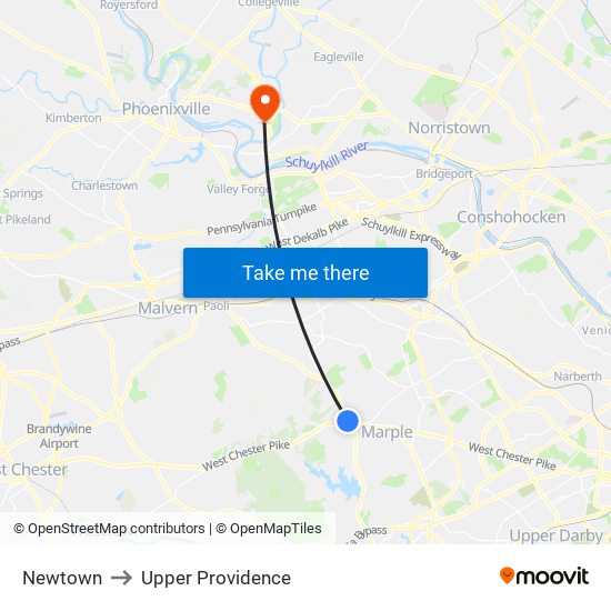 Newtown to Upper Providence map