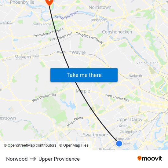 Norwood to Upper Providence map